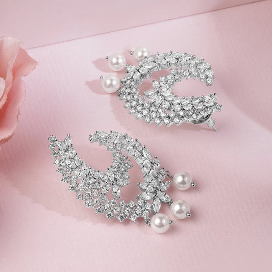 Rhodium-Plated Cubic Zirconia Studded Statement Crescent Earrings with Pearl Drops