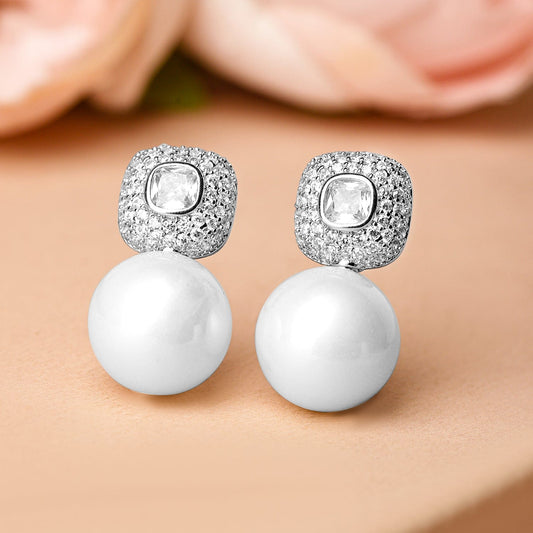 Rhodium-Plated Pearl Drop Earrings with Cubic Zirconia Accents