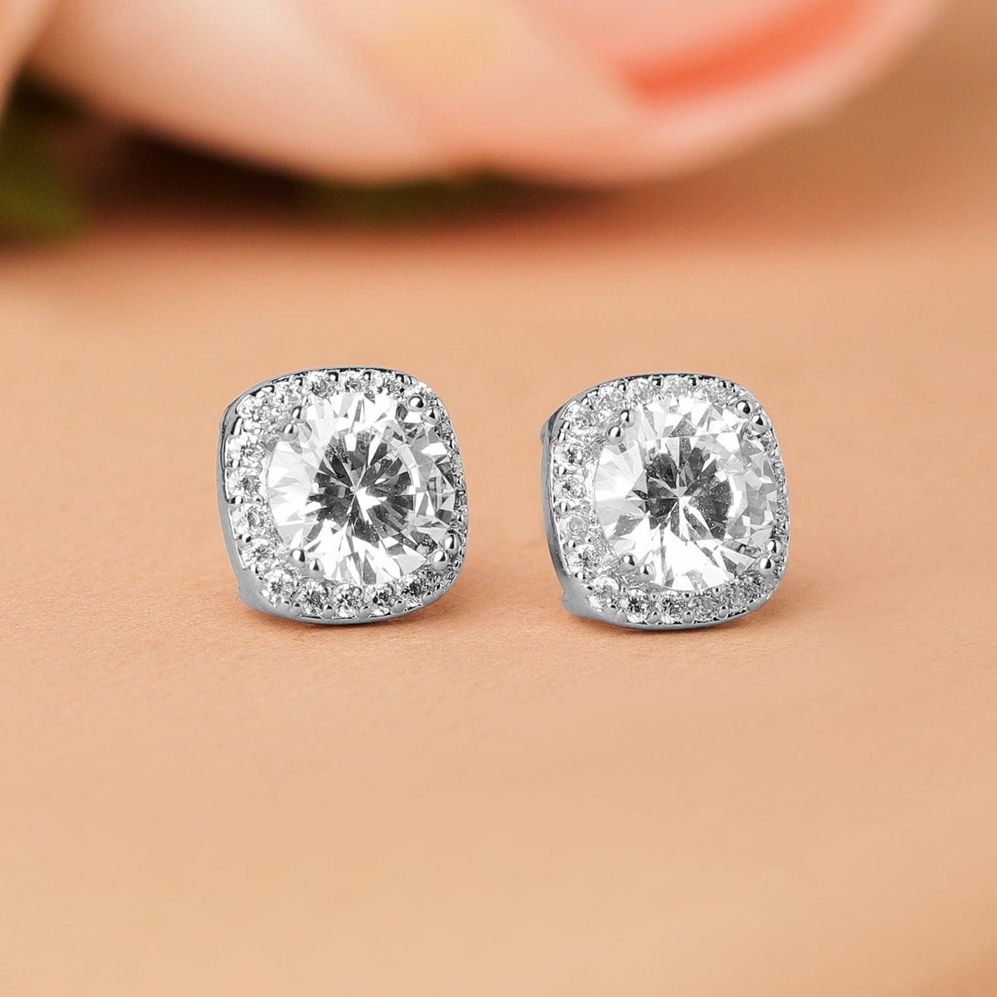 Rhodium-Plated Round Cubic Zirconia Studded Classic Stud Earrings