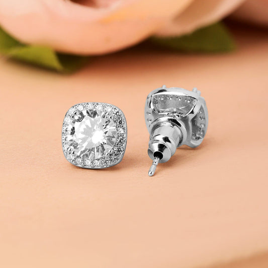Rhodium-Plated Round Cubic Zirconia Studded Classic Stud Earrings