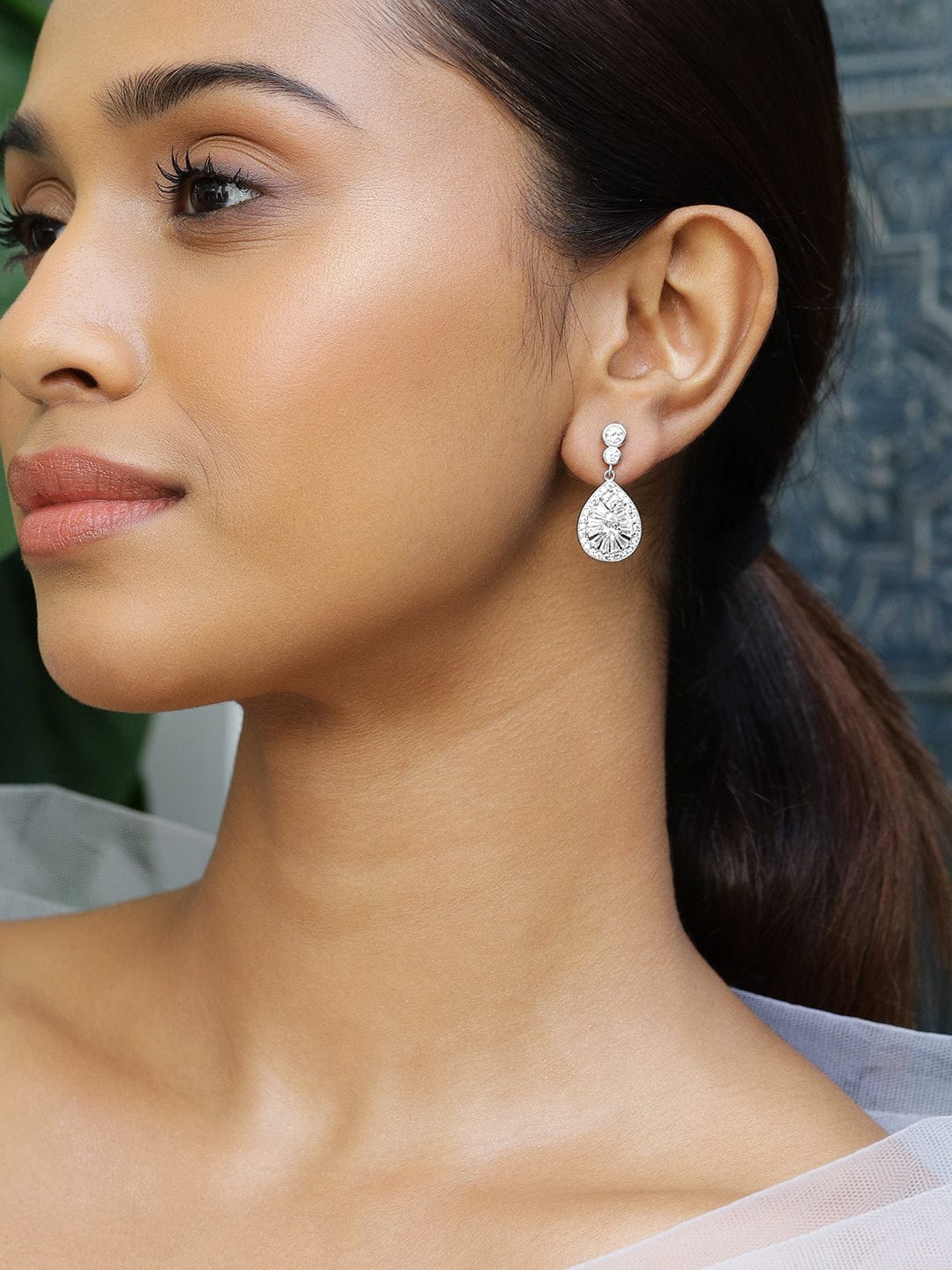 Rhodium-Plated Sparkling Cubic Zirconia Studded Radiant Teardrop Earrings