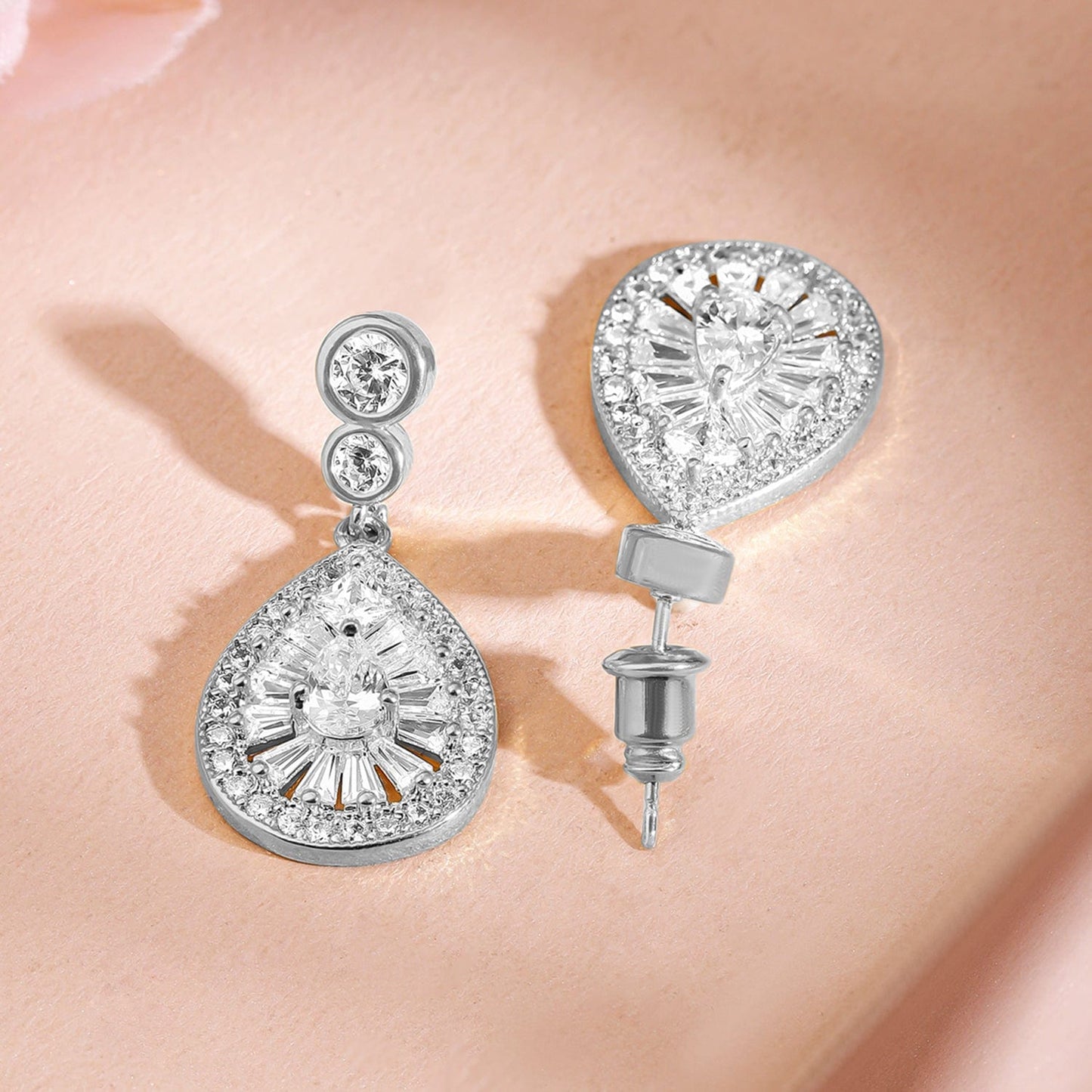 Rhodium-Plated Sparkling Cubic Zirconia Studded Radiant Teardrop Earrings