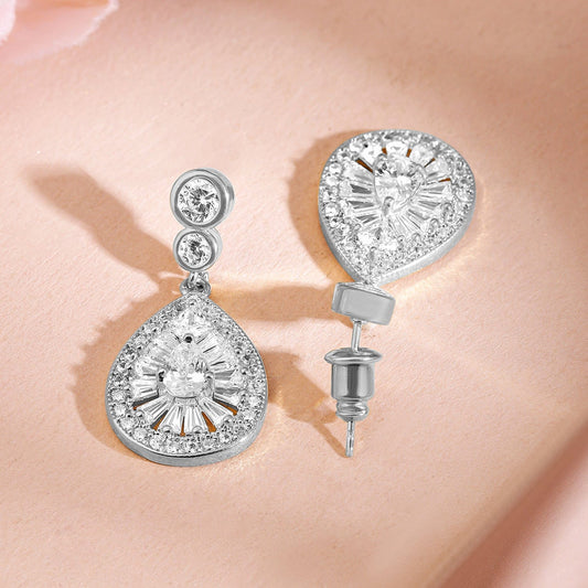 Rhodium-Plated Sparkling Cubic Zirconia Studded Radiant Teardrop Earrings