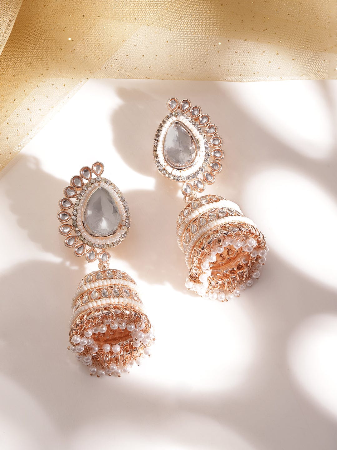 Rose gold plated kundan studded pearl beaded statment jhumka Earrings