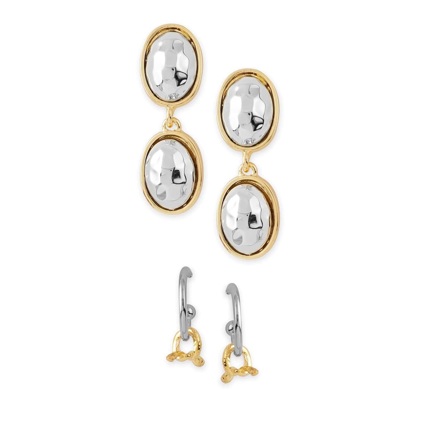 Set of 2 Rhodium & Gold-Plated Hammered Oval and Hoop Stud Earrings