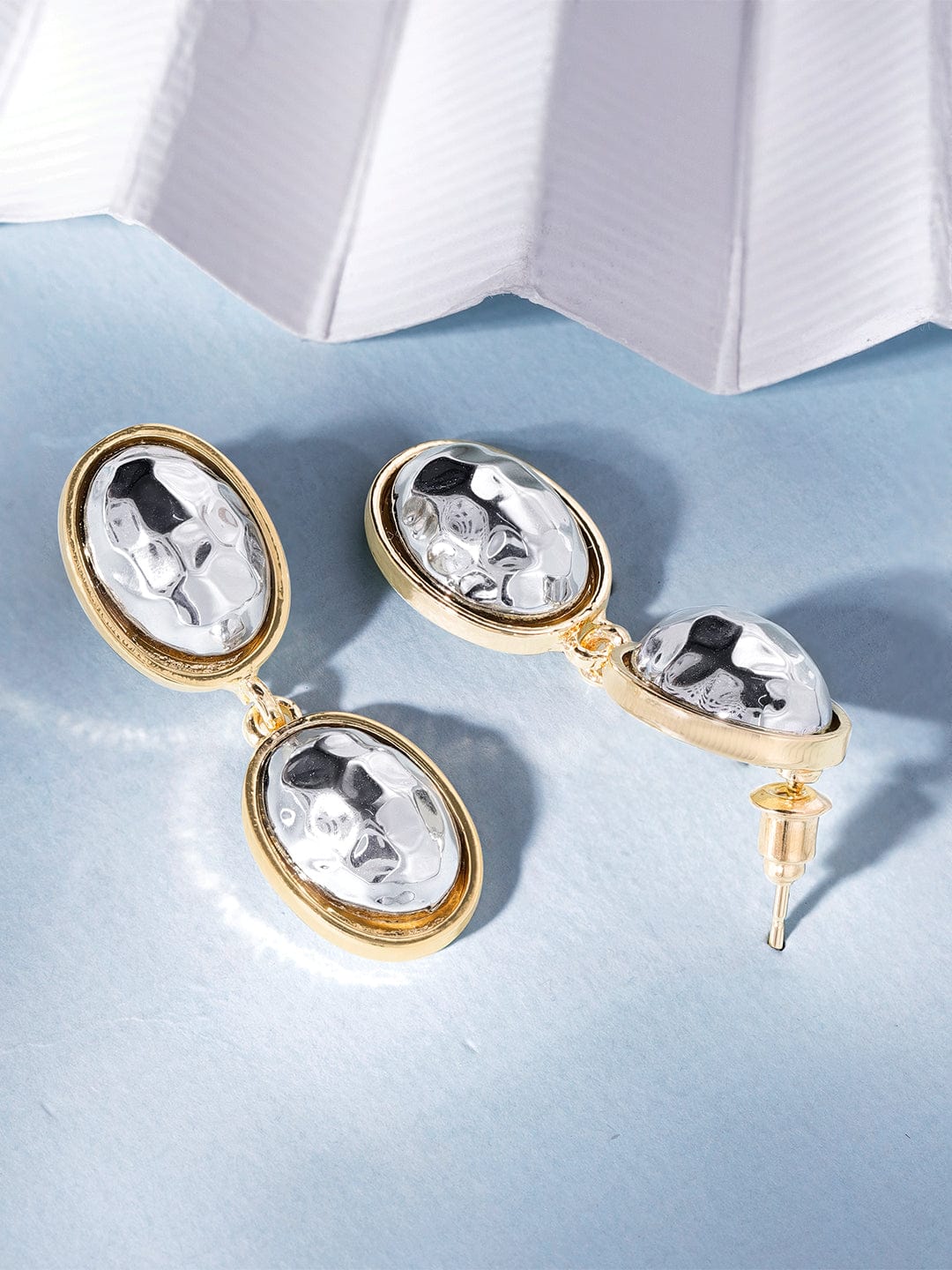 Set of 2 Rhodium & Gold-Plated Hammered Oval and Hoop Stud Earrings