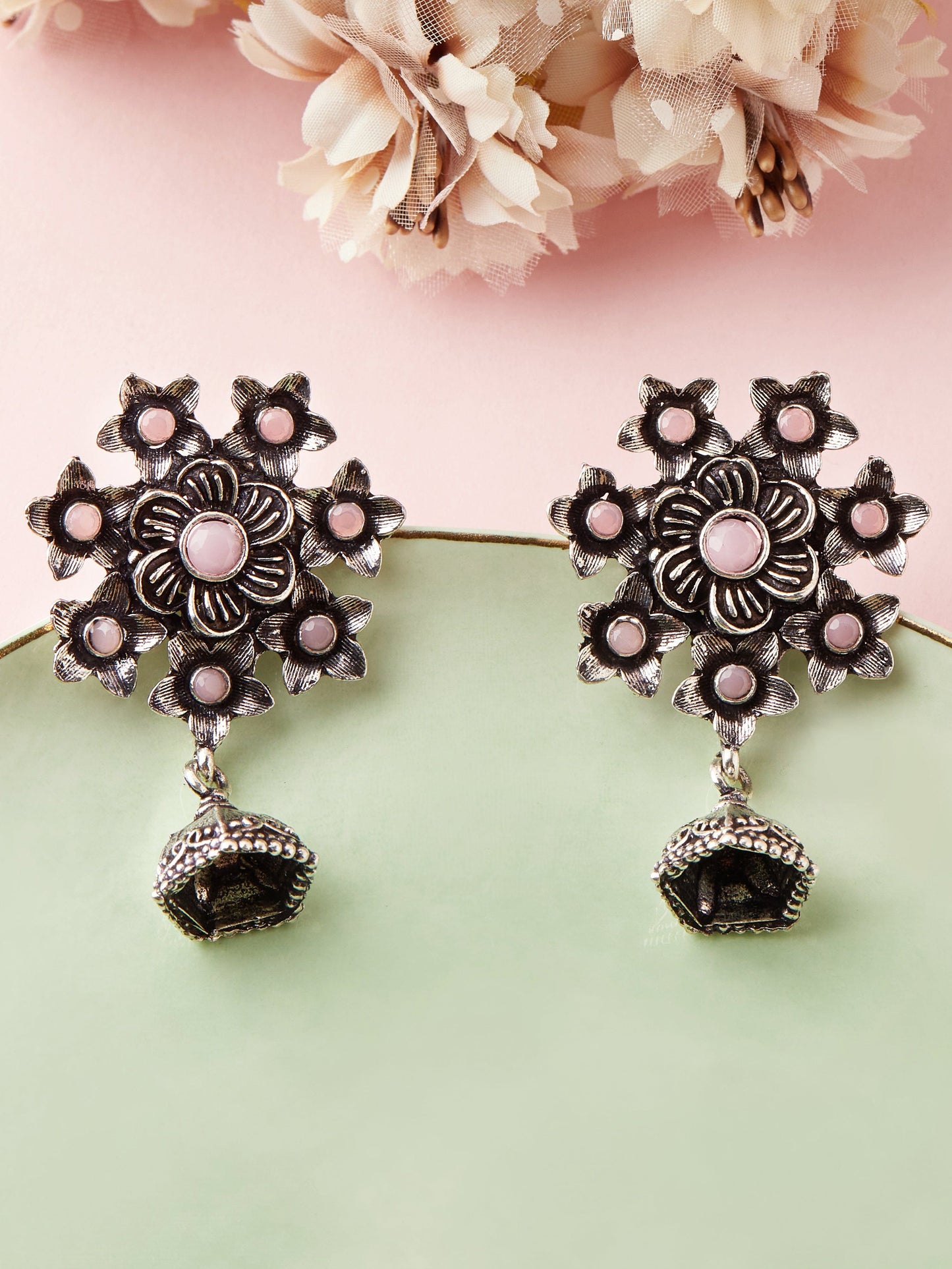 Silver-Toned & Purple Dome Shaped Jhumkas Earrings