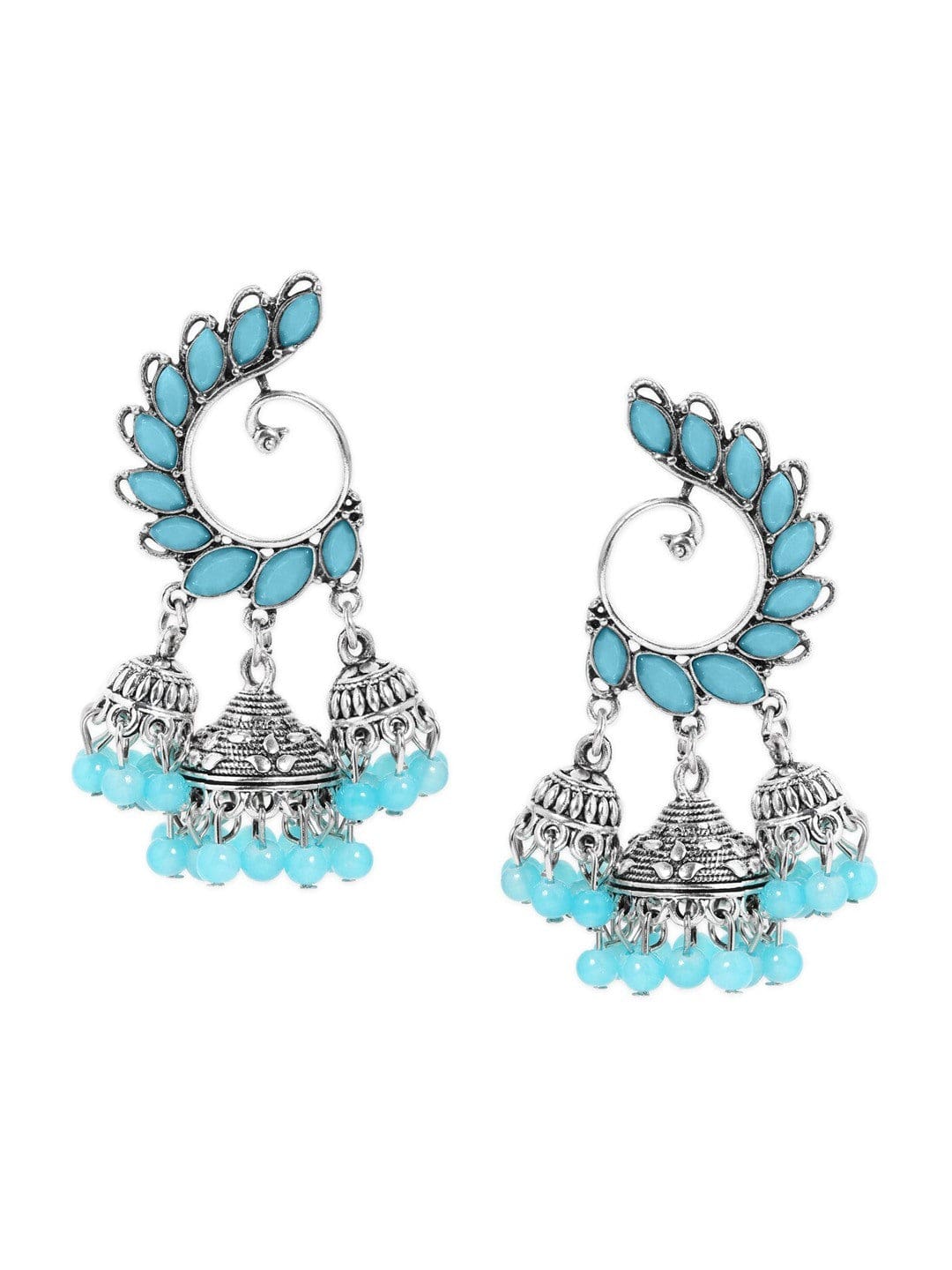 Silver-Toned & Turquoise Blue Peacock Wing Jhumka Earrings