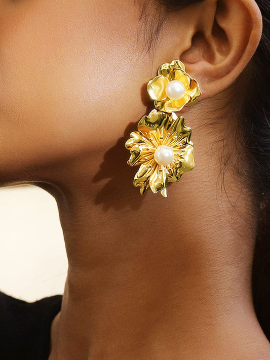 Voguish 18K Gold-Plated Bold Pearl Studded Big Floral Drop Statement Earrings