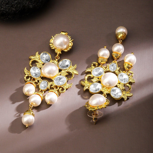 Voguish 18K Gold-Plated Pearl & Zirconia Studded Bold Long Statement Earrings