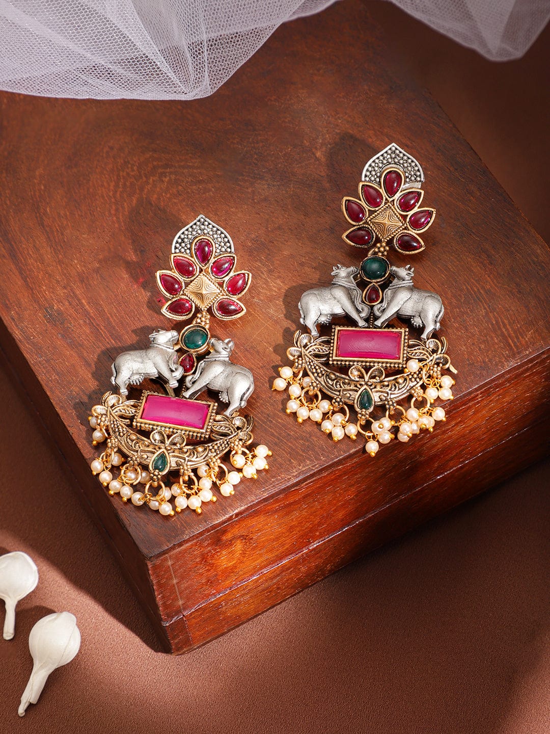 Women's Gold Plated with Pink Enameled Kundan Studded Cow Charm Chandabali Earrings