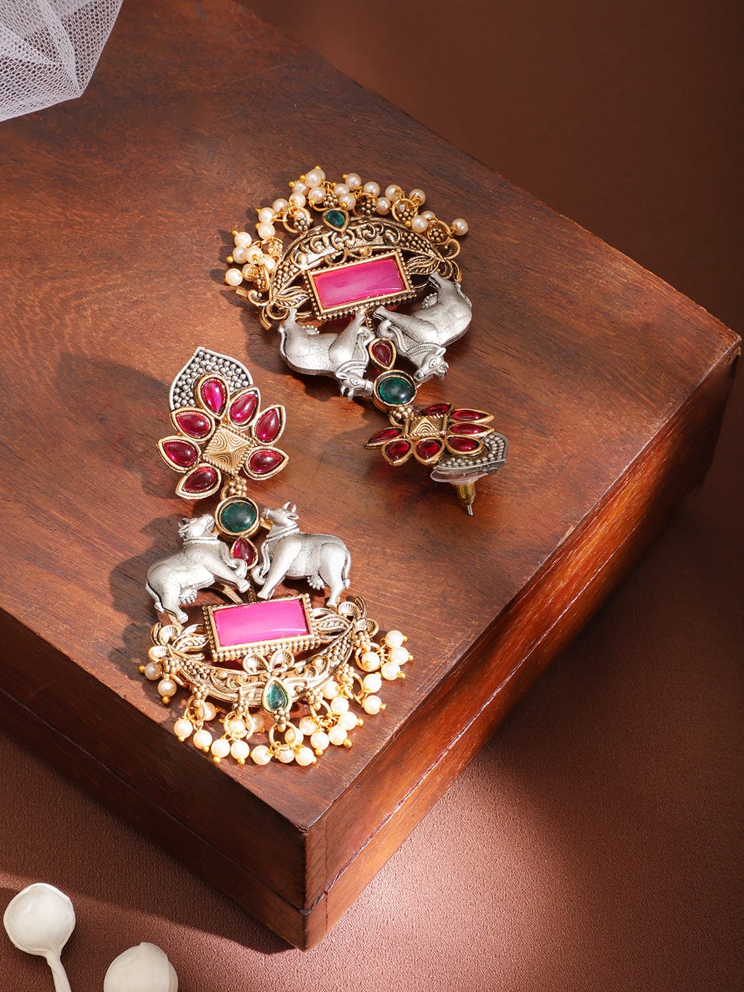 Women's Gold Plated with Pink Enameled Kundan Studded Cow Charm Chandabali Earrings