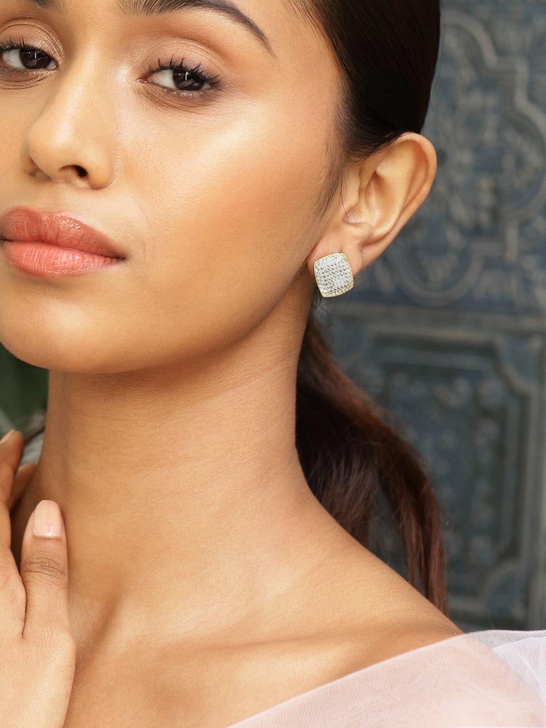 18K Gold-Plated Cubic Zirconia Studded Square Stud Earrings