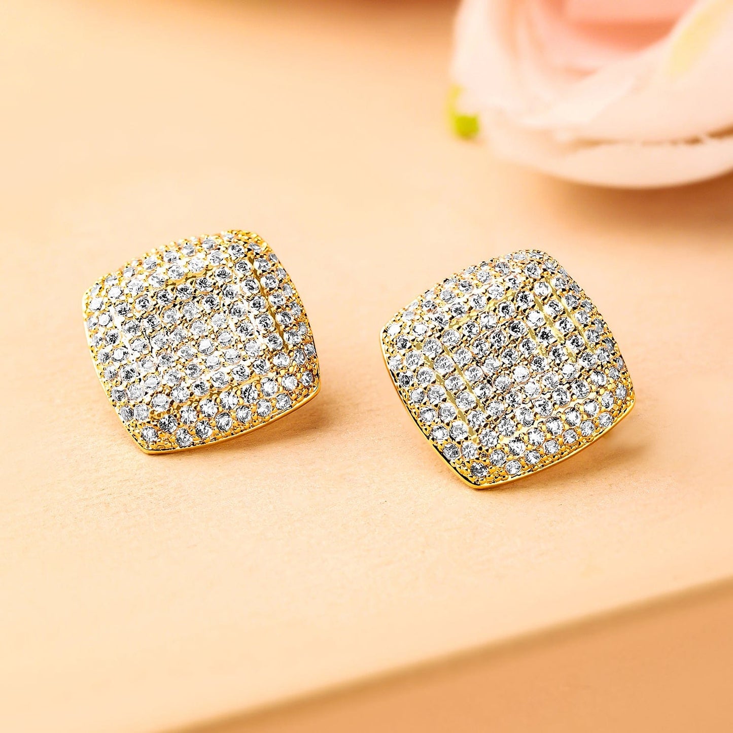 18K Gold-Plated Cubic Zirconia Studded Square Stud Earrings