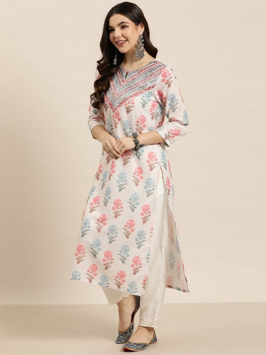 Women Chikan Embroidery Viscose Rayon Straight Kurta