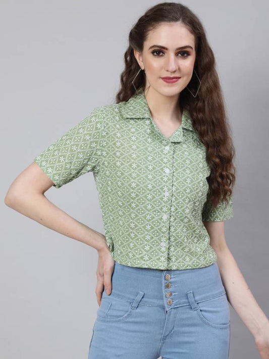 Casual Regular Sleeves Embroidered Women Light Green Top