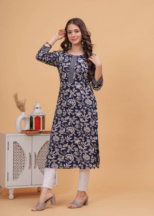 Women Blue Self Design Viscose Rayon Straight Kurta