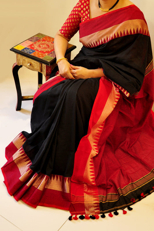 Woven Cotton Saree  Black Pepper & Red Chilly (SAREE)